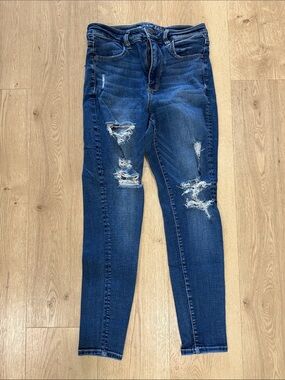 American Eagle Outfitters Women's Dark Blue Distressed Skinny Jeans